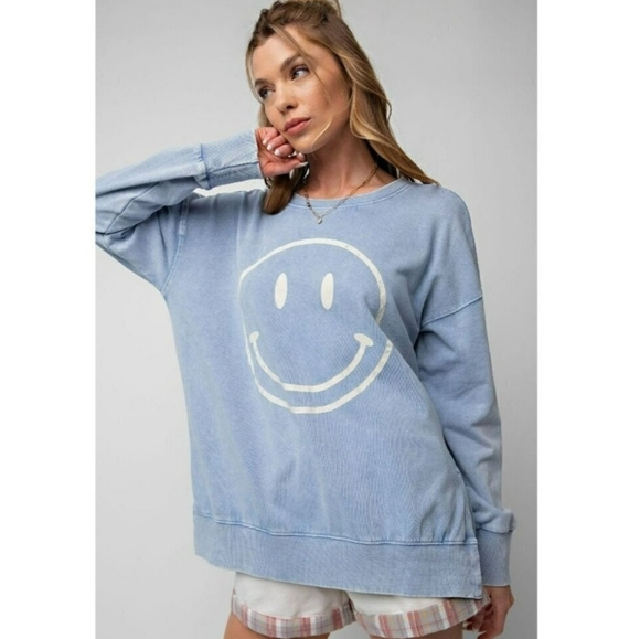 🙂💙NWT/NIP Easel "Mineral Wash Smiley Face Crewneck" Peri(winkle) Blue 1XL💙🙂 - Picture 1 of 8